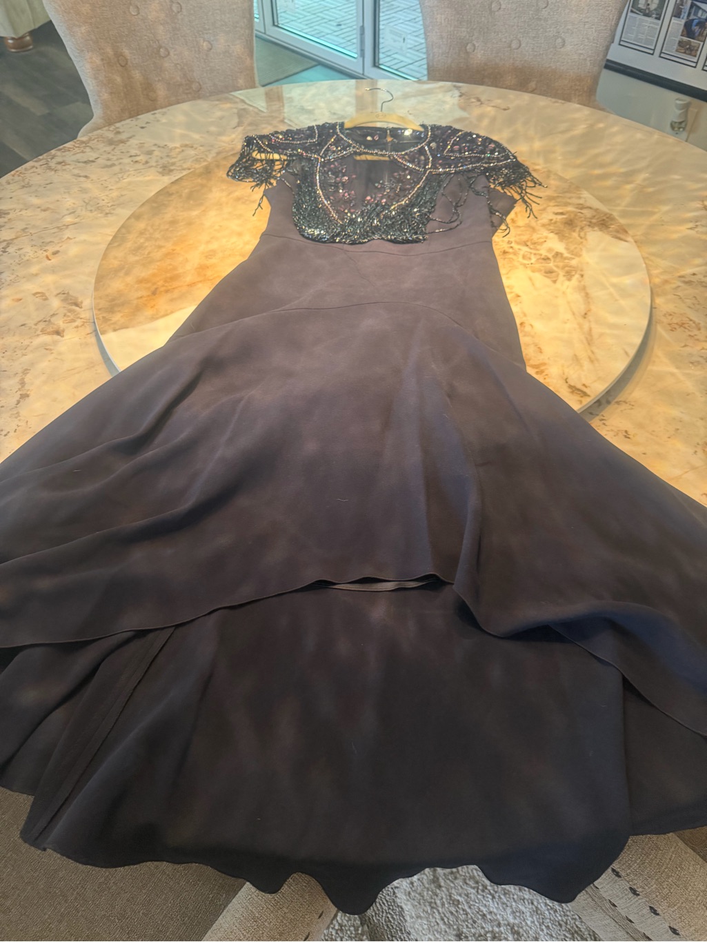 Elie Tahari Black Beaded Cap-Sleeve Evening Gown